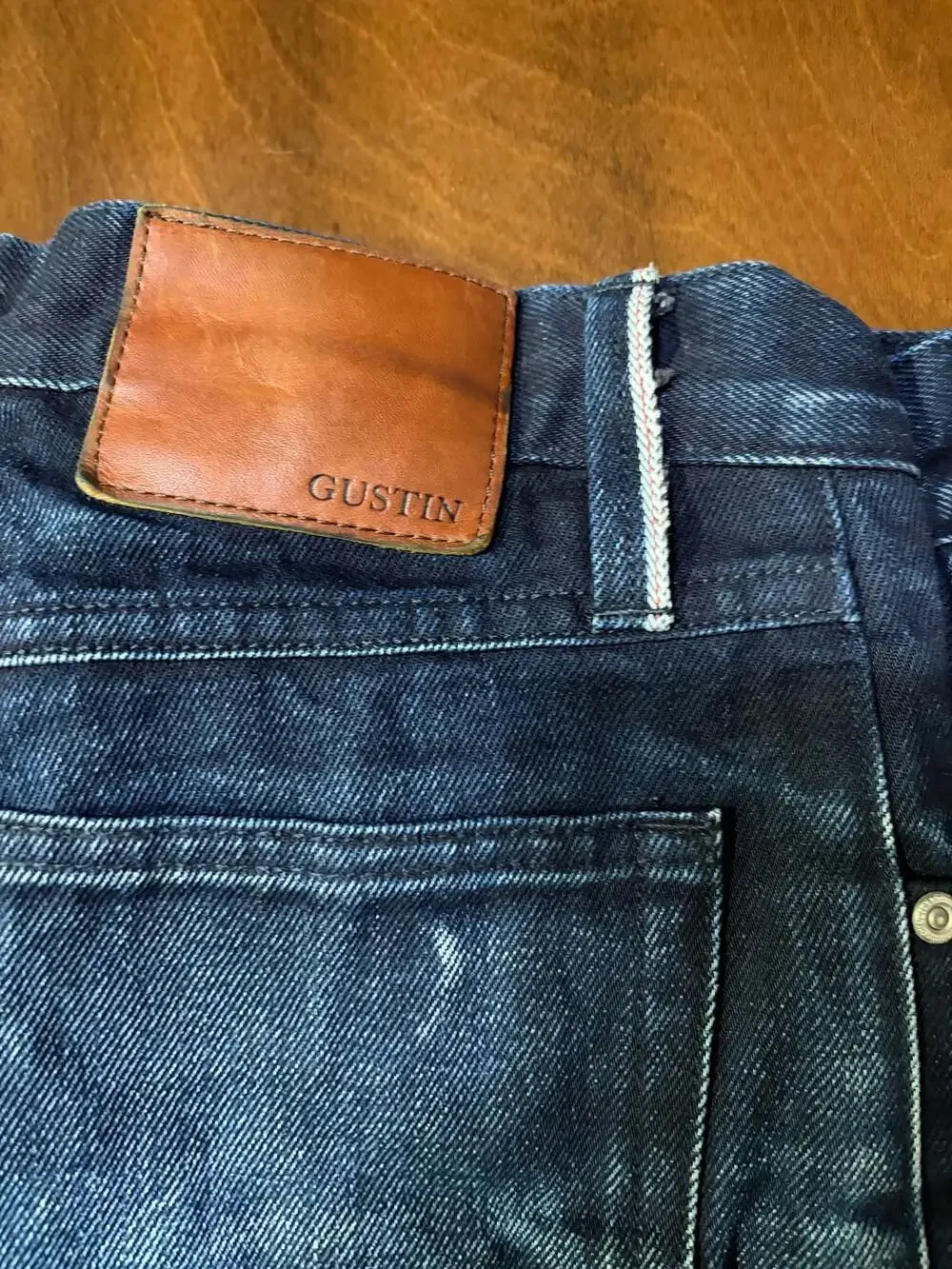 GUSTIN Mens Slim Fit Raw Jeans Size 32x32 California Sewn Dark Wash Selvedge